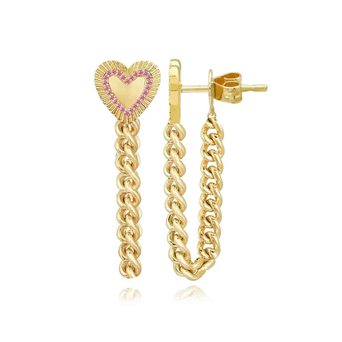Fluted Pink Sapphire Outline Heart Cuban Chain Earrings Alev Jewelry Earrings