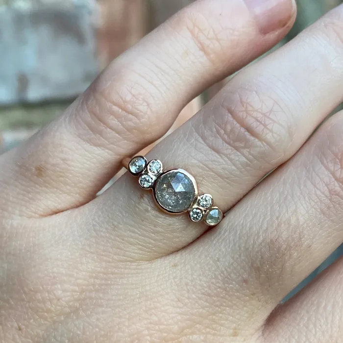 Rings Emily Amey Jewelry Salt and Pepper Diamond ring with diamond clusters in 14k Rosegold