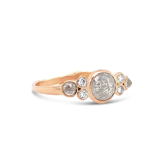 Rings Emily Amey Jewelry Salt and Pepper Diamond ring with diamond clusters in 14k Rosegold