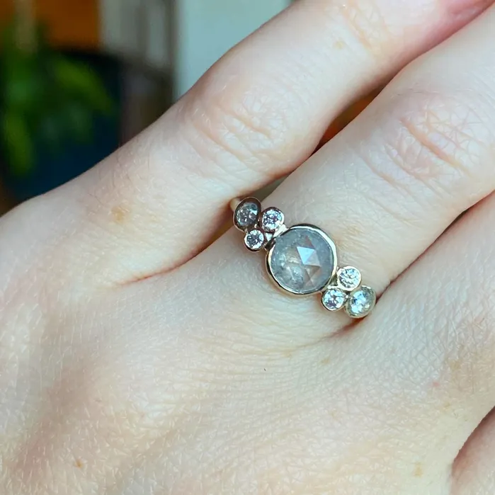 Rings Emily Amey Jewelry Salt and Pepper Diamond ring with diamond clusters in 14k Rosegold