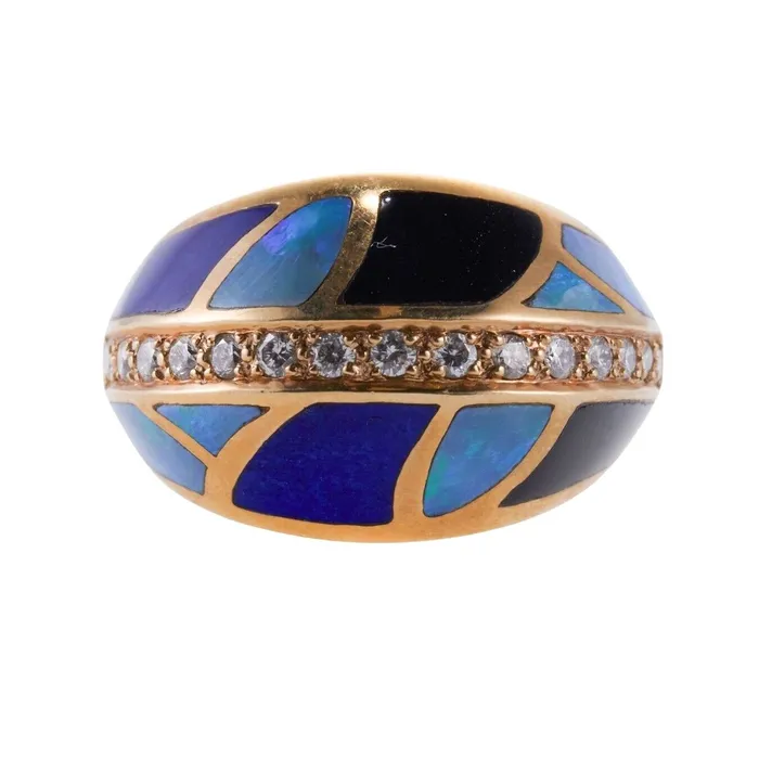 Asch Grossbardt Inlay Mother of Pearl Onyx Opal Lapis Diamond Gold Ring Asch Grossbardt Rings Asch Grossbardt Inlay Mother of Pearl Onyx Opal Lapis Diamond Gold Ring Asch Grossbardt Rings