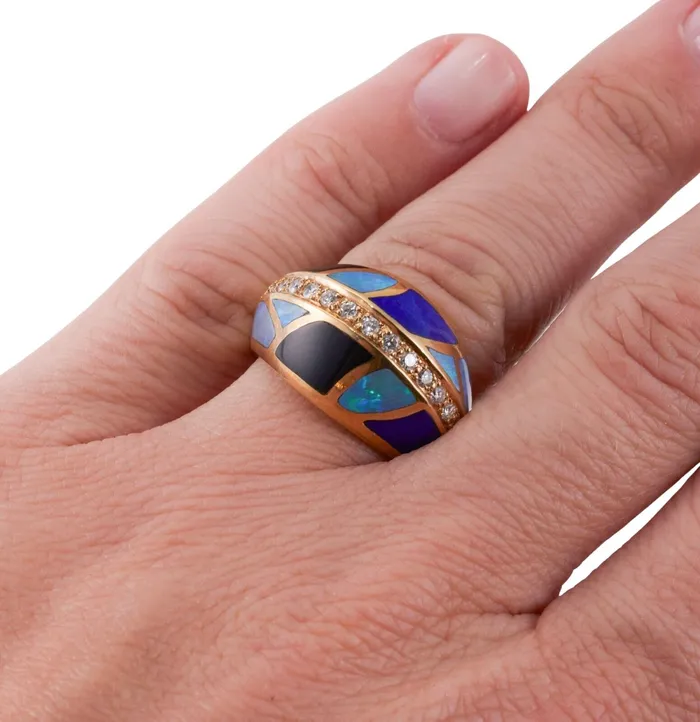 Asch Grossbardt Inlay Mother of Pearl Onyx Opal Lapis Diamond Gold Ring Asch Grossbardt Rings