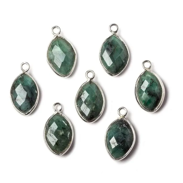 Beadsofcambaycom Necklaces 13x9mm Sterling Silver Bezel Emerald faceted marquise Petite Pendant 1 piece