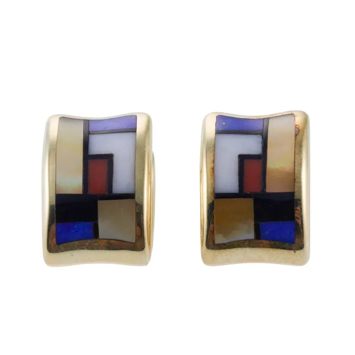 Earrings Asch Grossbardt Asch Grossbardt MOP Coral Lapis Onyx Inlay Gold Earrings