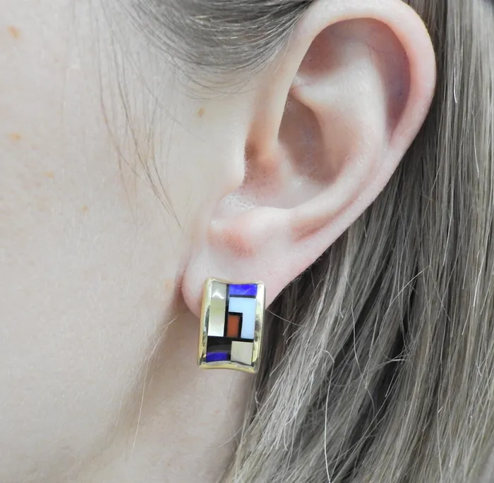 Earrings Asch Grossbardt Asch Grossbardt MOP Coral Lapis Onyx Inlay Gold Earrings
