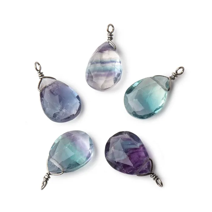 Necklaces 12x9mm Black Gold Wire Wrapped Fluorite Faceted Pear 1 Focal Pendant Beadsofcambaycom