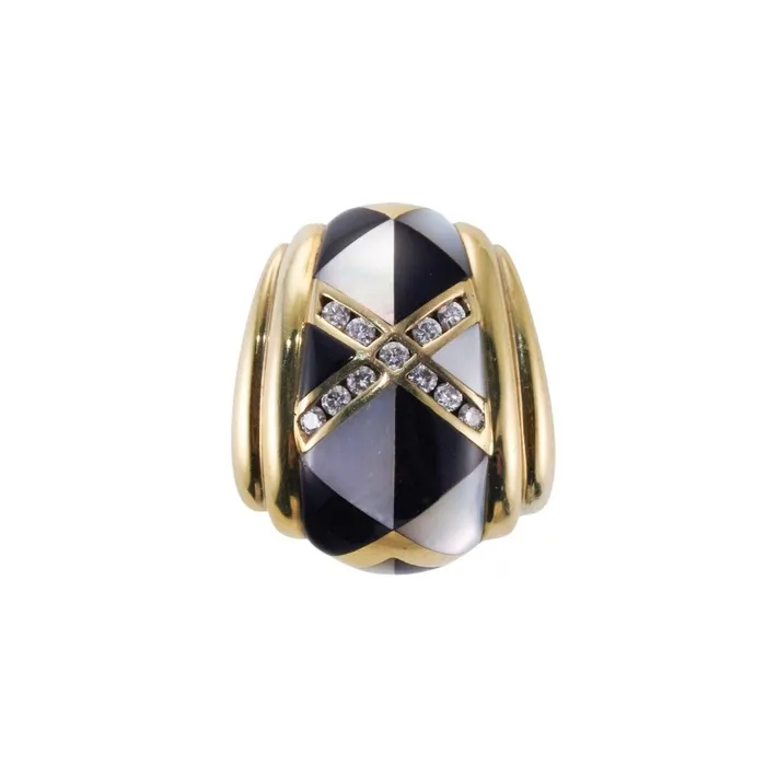 Necklaces Asch Grossbardt Asch Grossbardt Onyx MOP Inlay Diamond Pearl Gold Pendant