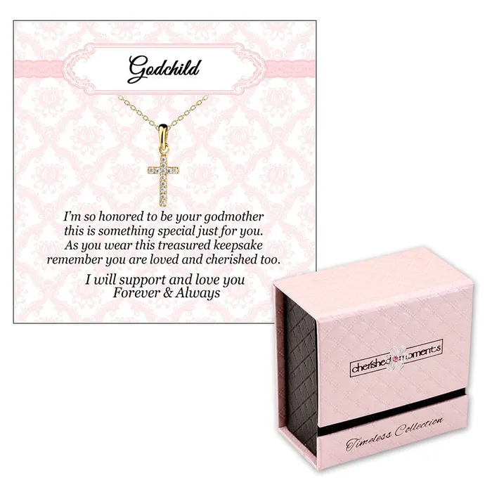 14K GoldPlated Cross CZ Necklace for Godchild Gift for Girls Cherished Moments Necklaces