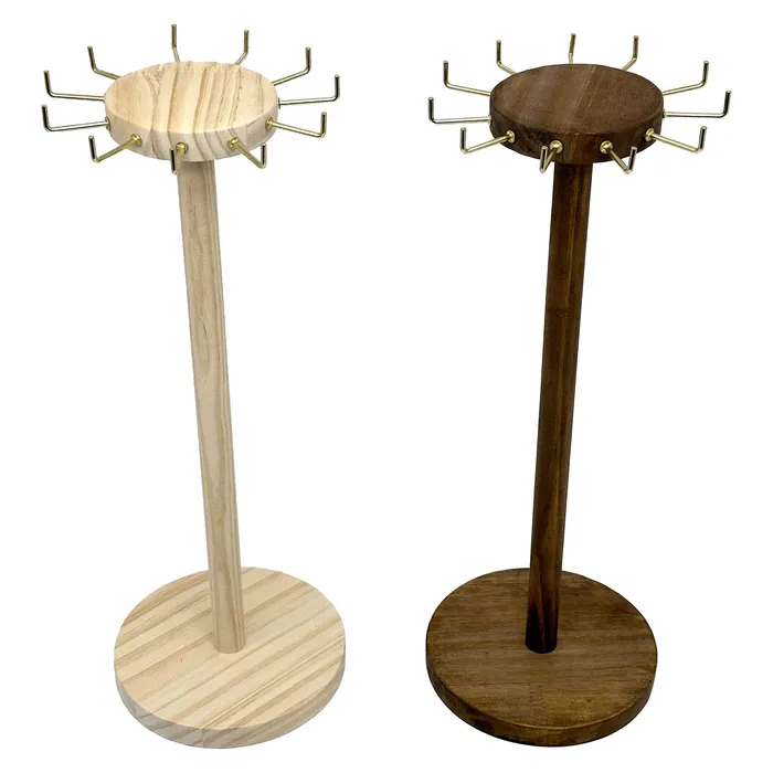 15 34 Natural Pine Wood Round Necklace Display Stand with 11 Gold Hooks JPIDisplay Necklaces