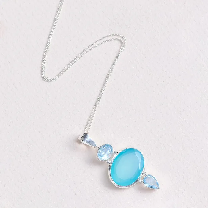 Aqua Chalcedony Blue Topaz Solid 925 Sterling Silver Chain Pendant Jewelry YoTreasure Necklaces