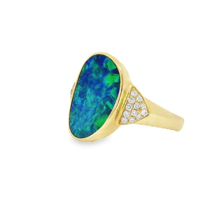 Australian Opal Cutters Rings Australian Doublet Opal Ring Set in 14K Yellow Gold