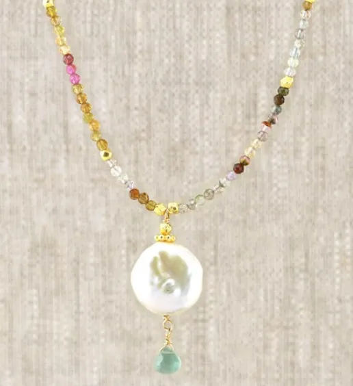 AVF Gold MultiColored Tourmaline White Coin Pearl Green Quartz Necklace SI6769 AVF Necklaces AVF Gold MultiColored Tourmaline White Coin Pearl Green Quartz Necklace SI6769 AVF Necklaces