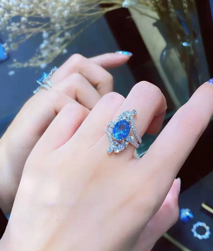 Blue Diamond Engagement Ring Oval Wedding Ring Womens Blue Diamond Ring Womens Statement Ring Womens Round Diamond Ring Minx London Rings