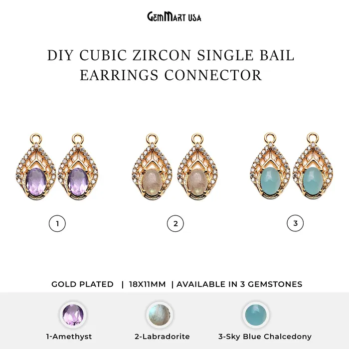 DIY Cubic Zircon Gemstone 18x11mm Gold Plated Single Bail Earring Connector 1 Pair GemmartUSA Earrings