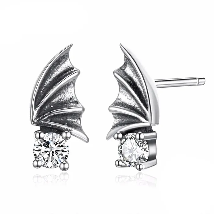 Earrings Personalized Jewel Vintage Wing Design Solid 925 Sterling Silver Stud Earrings For Women Round Cubic Zirconia OL Jewelry
