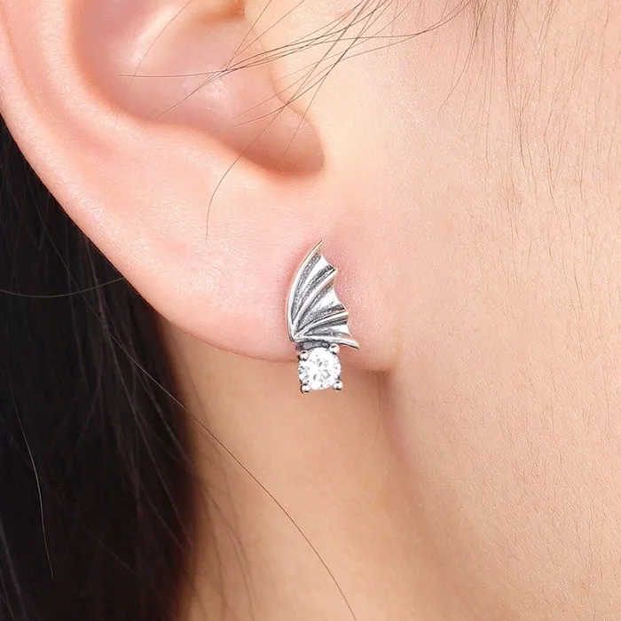 Earrings Personalized Jewel Vintage Wing Design Solid 925 Sterling Silver Stud Earrings For Women Round Cubic Zirconia OL Jewelry