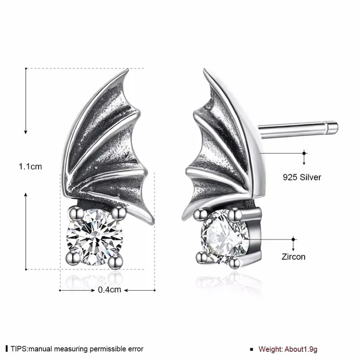 Earrings Personalized Jewel Vintage Wing Design Solid 925 Sterling Silver Stud Earrings For Women Round Cubic Zirconia OL Jewelry
