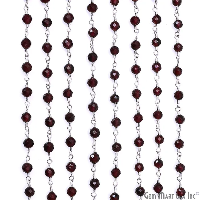 Garnet 4mm Silver Plated Beaded Wire Wrapped Rosary Chain GemMartUSA Necklaces