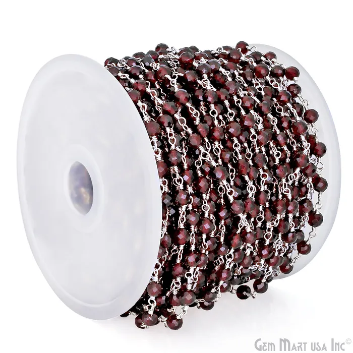 Garnet 4mm Silver Plated Beaded Wire Wrapped Rosary Chain GemMartUSA Necklaces