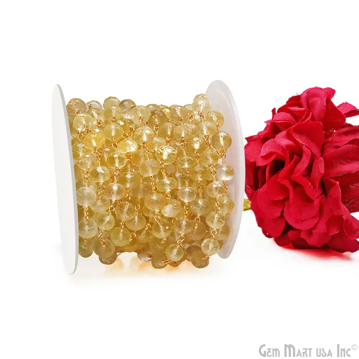 gemmartusa PreStyled Sets Lemon Topaz Faceted 67mm Gold Wire Wrapped Rondelle Beads Rosary Chain