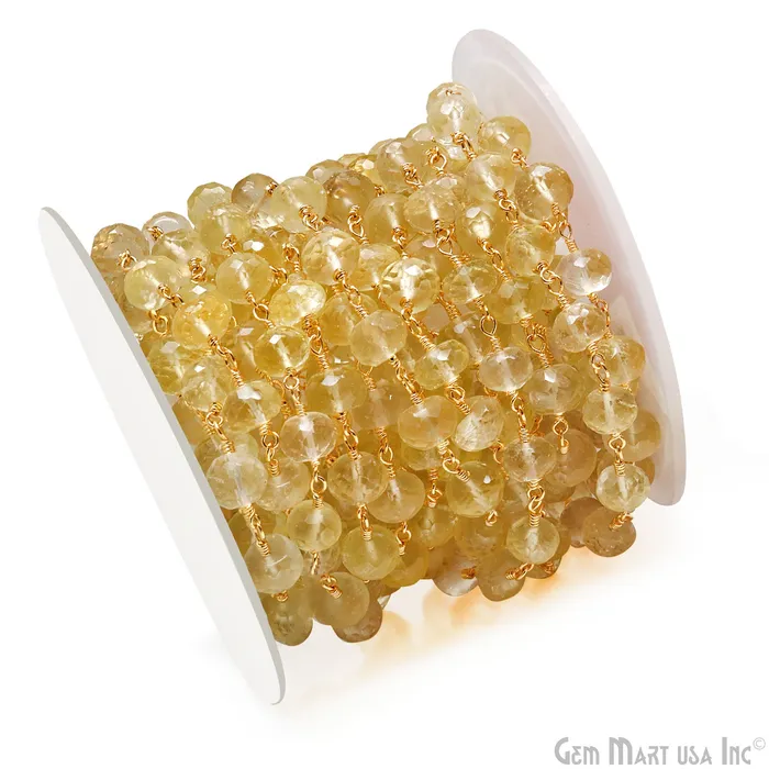 gemmartusa PreStyled Sets Lemon Topaz Faceted 67mm Gold Wire Wrapped Rondelle Beads Rosary Chain