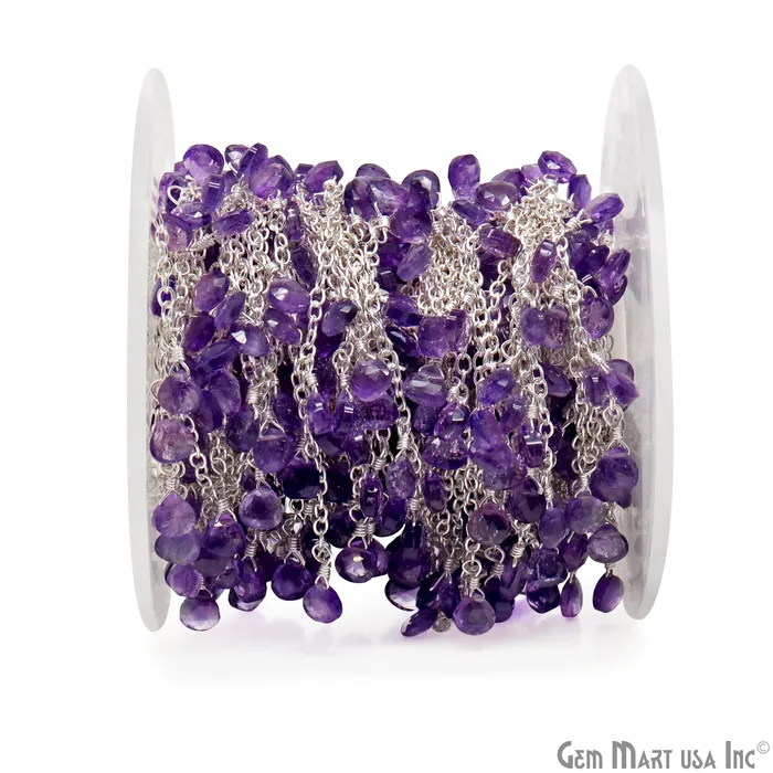 GemMartUSA Amethyst Heart 5mm Silver Wire Wrapped Dangle Rosary Chain Necklaces