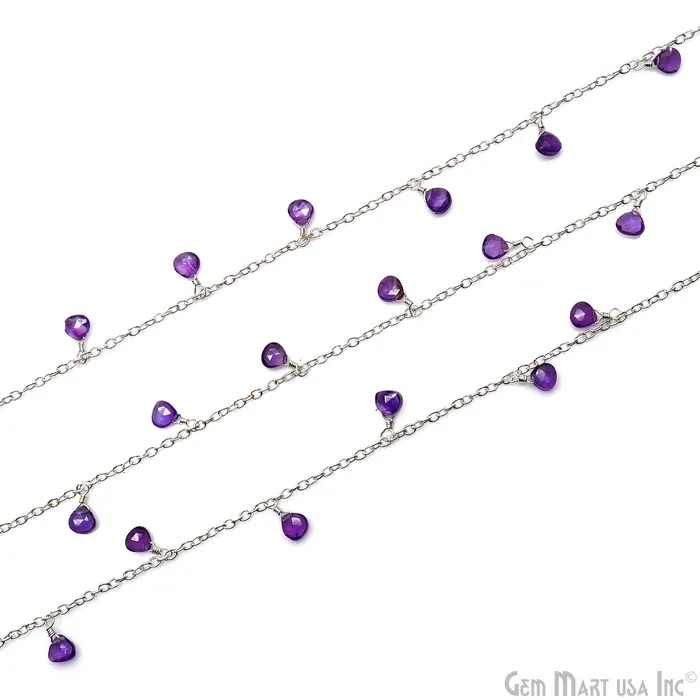 GemMartUSA Amethyst Heart 5mm Silver Wire Wrapped Dangle Rosary Chain Necklaces