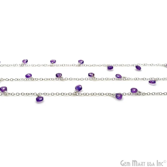 GemMartUSA Amethyst Heart 5mm Silver Wire Wrapped Dangle Rosary Chain Necklaces