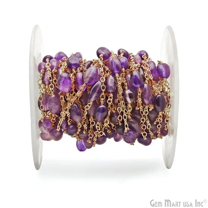 GemMartUSA Amethyst Tumble Beads Gold Plated Wire Wrapped Rosary Chain PreStyled Sets