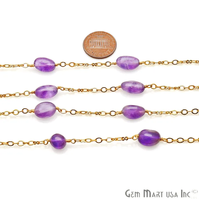 GemMartUSA Amethyst Tumble Beads Gold Plated Wire Wrapped Rosary Chain PreStyled Sets