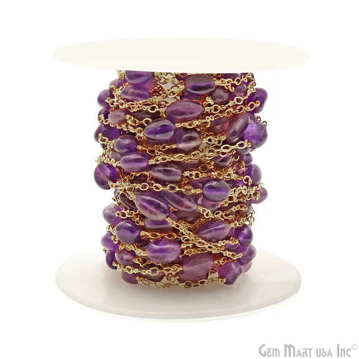 GemMartUSA Amethyst Tumble Beads Gold Plated Wire Wrapped Rosary Chain PreStyled Sets