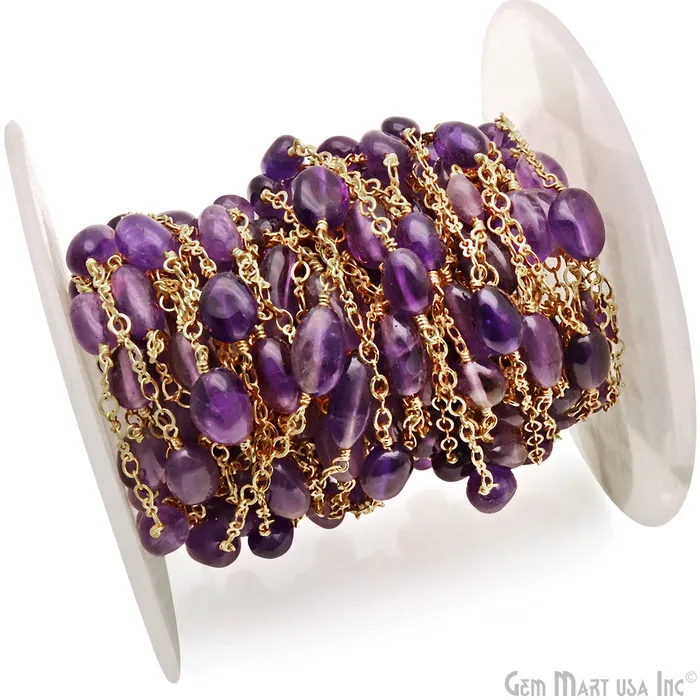 GemMartUSA Amethyst Tumble Beads Gold Plated Wire Wrapped Rosary Chain PreStyled Sets