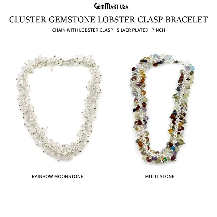GemMartUSA Cluster Gemstone Silver Plated Chain With Lobster Clasp Bracelet 7Inch Bracelets