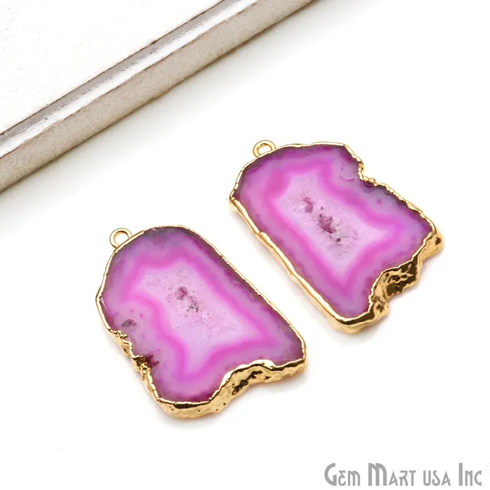 GemmartUSA Earrings Agate Slice 35x23mm Organic Gold Electroplated Gemstone Earring Connector 1 Pair