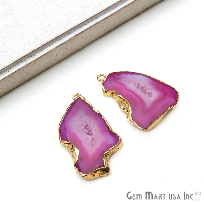 GemMartUSA Earrings Agate Slice 38x19mm Organic Gold Electroplated Gemstone Earring Connector 1 Pair