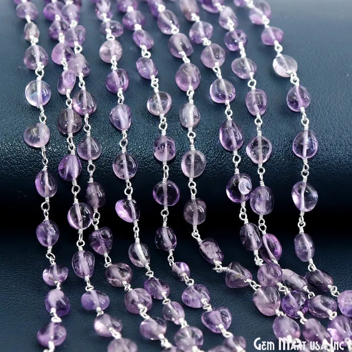 GemMartUSA Necklaces Amethyst Tumble Beads 8x5mm Silver Wire Wrapped Rosary Chain GemMartUSA Necklaces Amethyst Tumble Beads 8x5mm Silver Wire Wrapped Rosary Chain