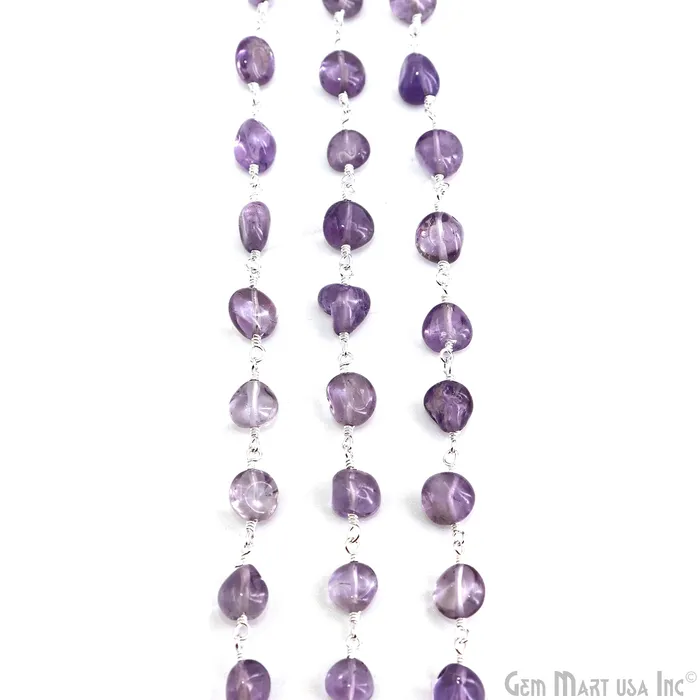 GemMartUSA Necklaces Amethyst Tumble Beads 8x5mm Silver Wire Wrapped Rosary Chain GemMartUSA Necklaces Amethyst Tumble Beads 8x5mm Silver Wire Wrapped Rosary Chain