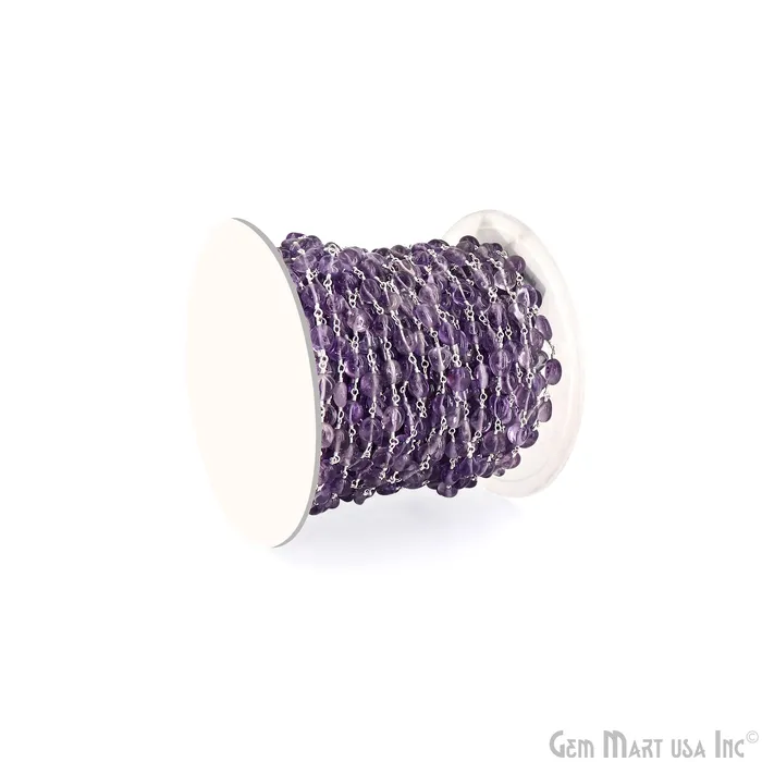 GemMartUSA Necklaces Amethyst Tumble Beads 8x5mm Silver Wire Wrapped Rosary Chain GemMartUSA Necklaces Amethyst Tumble Beads 8x5mm Silver Wire Wrapped Rosary Chain