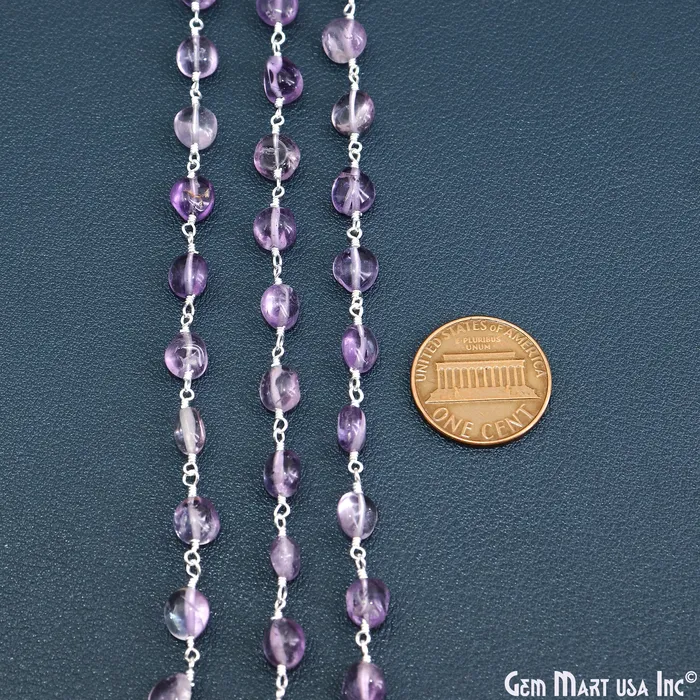 GemMartUSA Necklaces Amethyst Tumble Beads 8x5mm Silver Wire Wrapped Rosary Chain GemMartUSA Necklaces Amethyst Tumble Beads 8x5mm Silver Wire Wrapped Rosary Chain