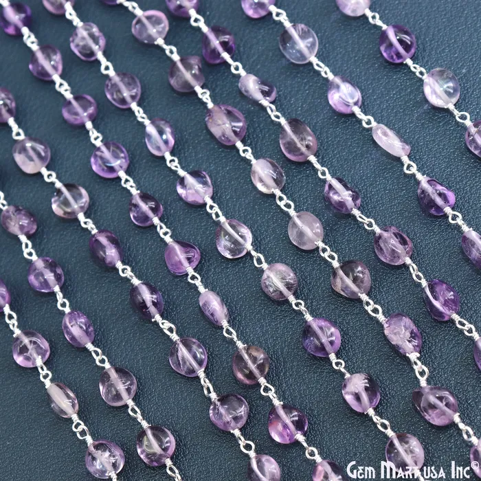 GemMartUSA Necklaces Amethyst Tumble Beads 8x5mm Silver Wire Wrapped Rosary Chain GemMartUSA Necklaces Amethyst Tumble Beads 8x5mm Silver Wire Wrapped Rosary Chain