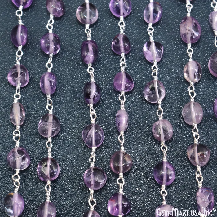 GemMartUSA Necklaces Amethyst Tumble Beads 8x5mm Silver Wire Wrapped Rosary Chain GemMartUSA Necklaces Amethyst Tumble Beads 8x5mm Silver Wire Wrapped Rosary Chain
