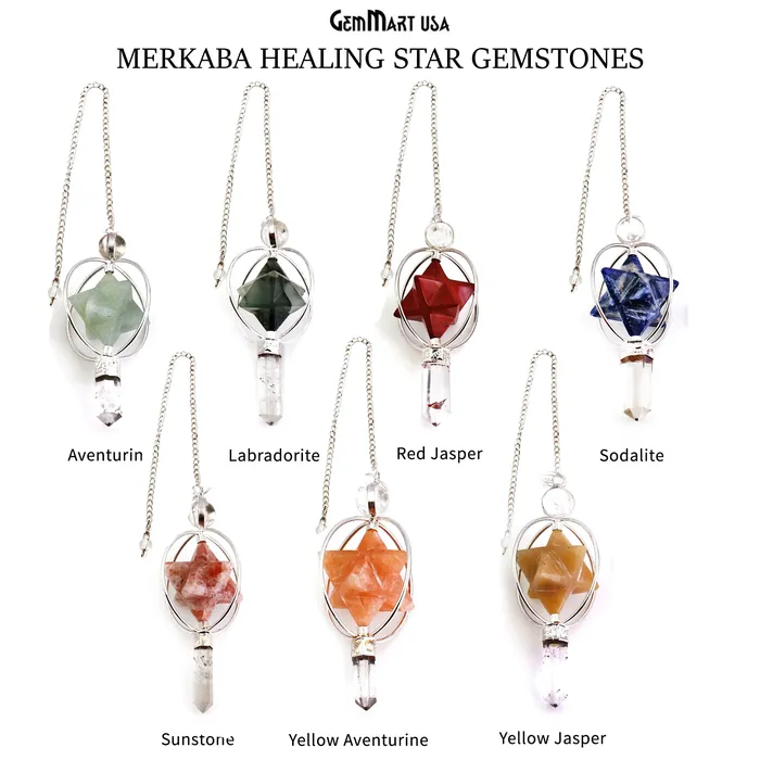 GemMartUSA Necklaces Healing Star Gemstone Merkaba Star 77x36mm Silver Plated Octahedron Star Gemstone Pendant