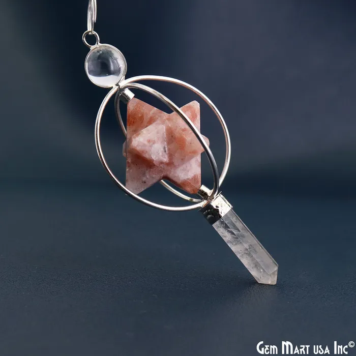 GemMartUSA Necklaces Healing Star Gemstone Merkaba Star 77x36mm Silver Plated Octahedron Star Gemstone Pendant