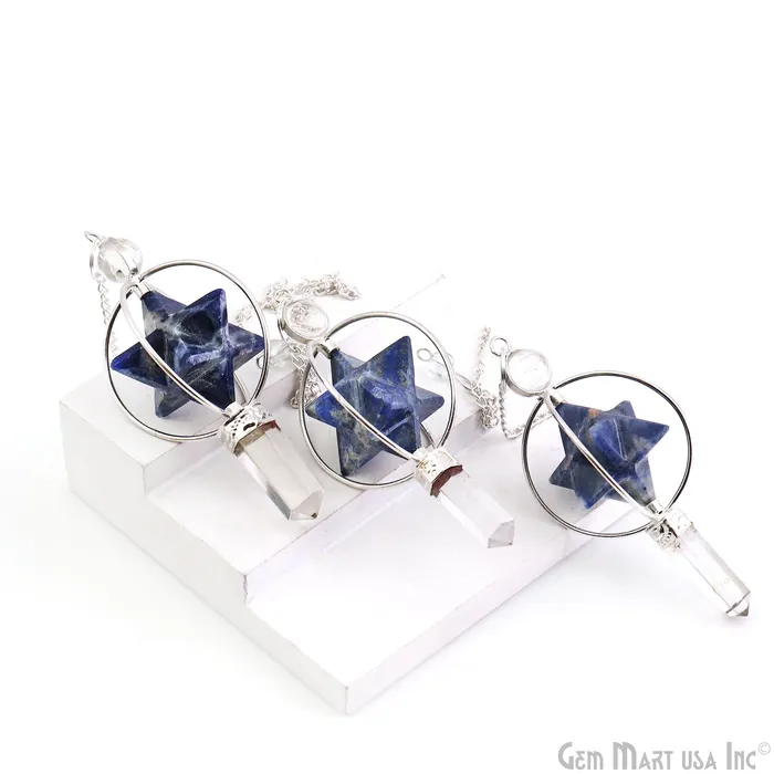 GemMartUSA Necklaces Healing Star Gemstone Merkaba Star 77x36mm Silver Plated Octahedron Star Gemstone Pendant
