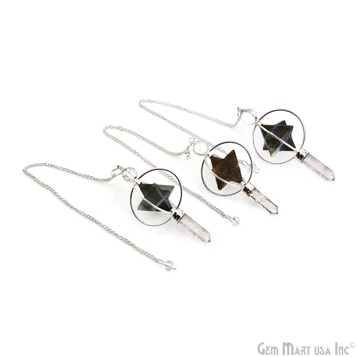 GemMartUSA Necklaces Healing Star Gemstone Merkaba Star 77x36mm Silver Plated Octahedron Star Gemstone Pendant