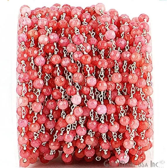 GemmartUSA Necklaces Pink Sunstone Jade Beads Silver Plated Wire Wrapped Rosary Chain