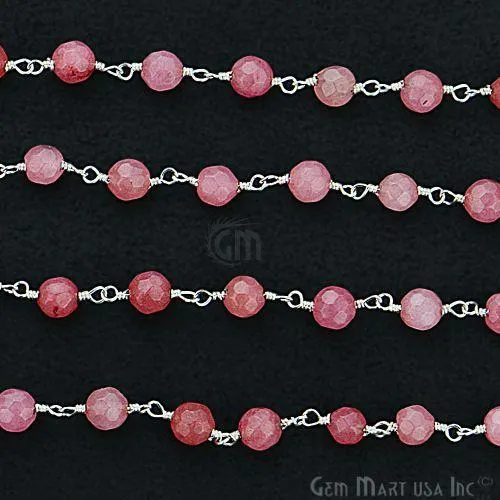 GemmartUSA Necklaces Pink Sunstone Jade Beads Silver Plated Wire Wrapped Rosary Chain GemmartUSA Necklaces Pink Sunstone Jade Beads Silver Plated Wire Wrapped Rosary Chain