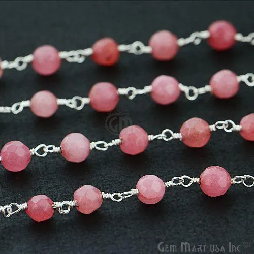 GemmartUSA Necklaces Pink Sunstone Jade Beads Silver Plated Wire Wrapped Rosary Chain GemmartUSA Necklaces Pink Sunstone Jade Beads Silver Plated Wire Wrapped Rosary Chain