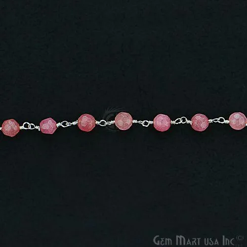 GemmartUSA Necklaces Pink Sunstone Jade Beads Silver Plated Wire Wrapped Rosary Chain GemmartUSA Necklaces Pink Sunstone Jade Beads Silver Plated Wire Wrapped Rosary Chain