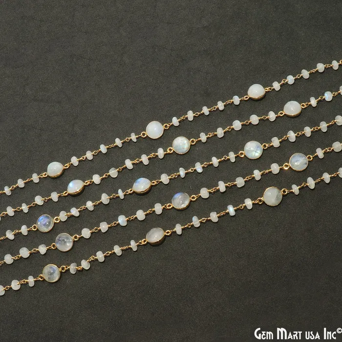 GemMartUSA Necklaces Rainbow Moonstone Cabochon Gold Plated Beads Rosary Chain